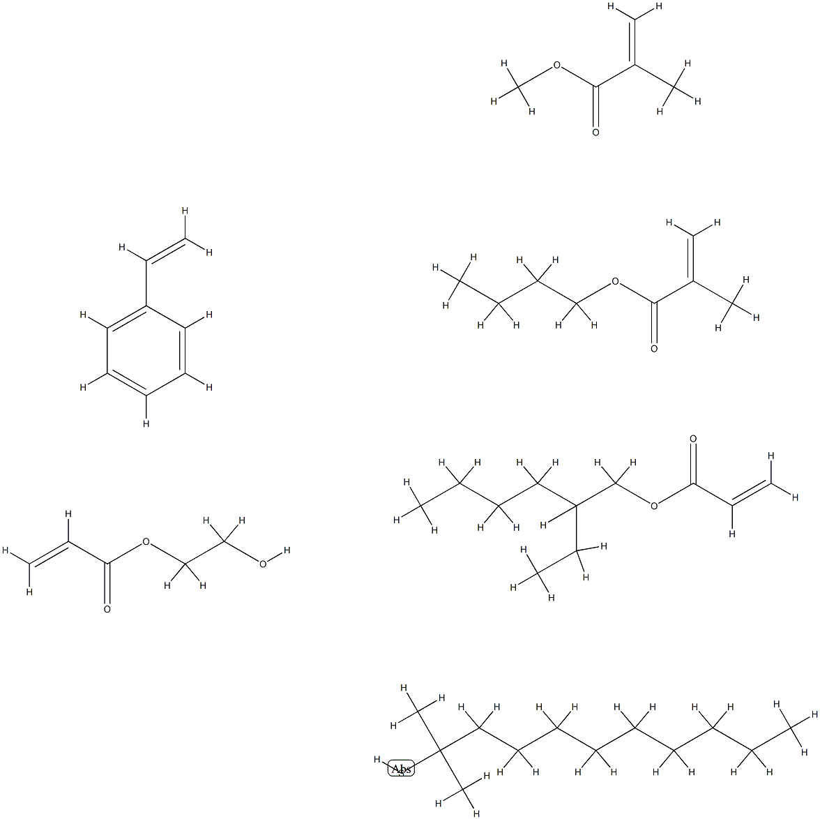2-Propenoic acid, 2-methyl-, butyl ester, telomer with tert-dodecanethiol, ethenylbenzene, 2-ethylhexyl 2-propenoate, 2-hydroxyethyl 2-propenoate and methyl 2-methyl-2-propenoate Structure