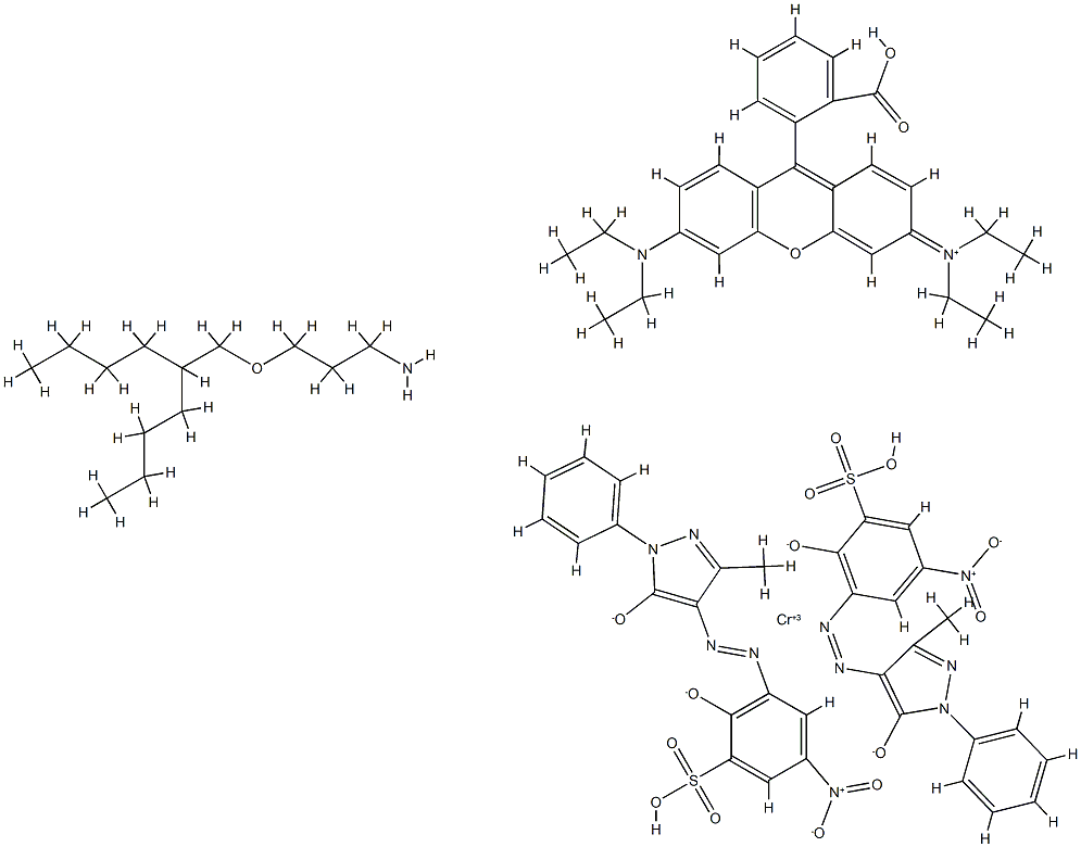 Xanthylium, 9-(2-carboxyphenyl)-3,6-bis(diethylamino)-, hydrogen bis[3-[(4,5-dihydro-3-methyl- 5-oxo-1-phenyl-1H-pyrazol-4-yl)azo]-2-hydroxy -5-nitrobenzenesulfonato(3-)]chromate(3-) (1:2:1), compd. with 3-[(2-butylhexyl)oxy]-1-propanamine (1:1) Struktur