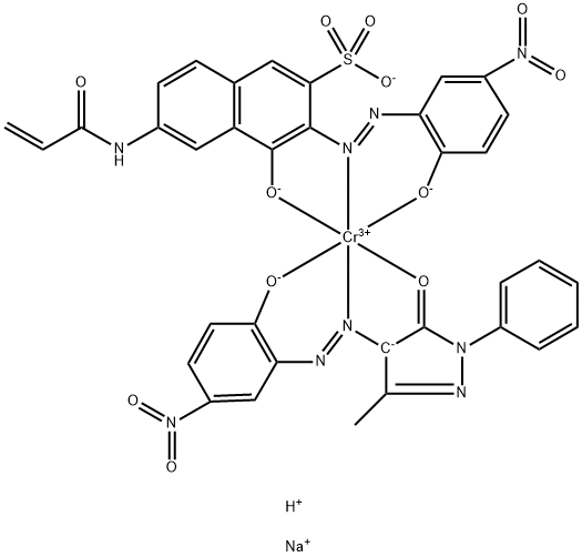 Chromate(2-), [2,4-dihydro-4-[(2-hydroxy-5-nitrophenyl)azo]-5-methyl-2-phenyl-3H-pyrazol-3-onato(2-)][4-hydroxy-3-[(2-hydroxy-5-nitrophenyl)azo]-6-[(1-oxo-2-propenyl)amino]-2-naphthalenesulfonato(3-)]-, sodium hydrogen Struktur