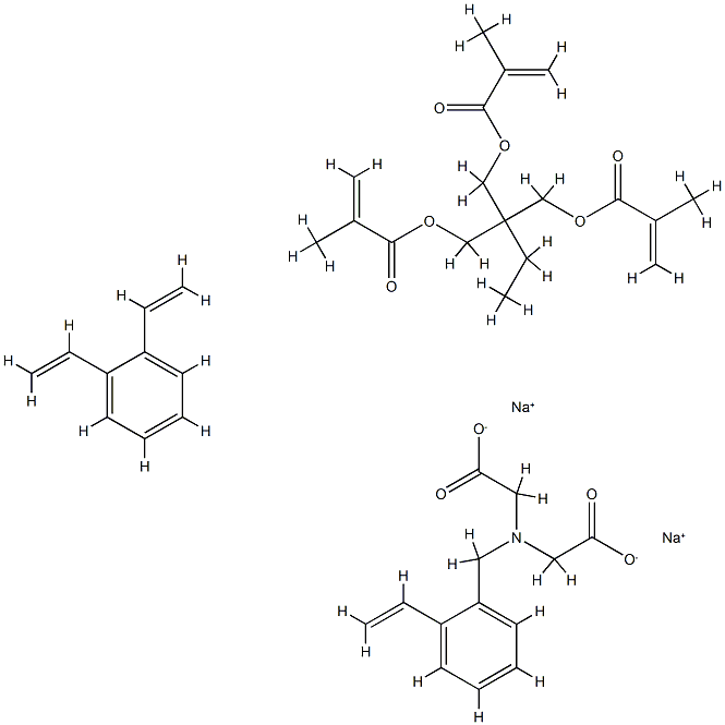 Glycine, N-(carboxymethyl)-N-[(ethenylphenyl)methyl]-, disodium salt, polymer with diethenylbenzene and 2-ethyl-2-[[(2-methyl-1-oxo- 2-propenyl)oxy]methyl]-1,3-propanediyl bis(2-methyl-2-propenoate) Struktur