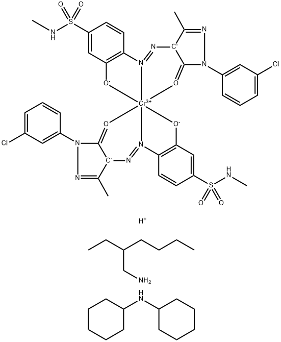 Chromate(1-), bis[4-[[1-(3-chlorophenyl)-4,5-dihydro-3-methyl-5-oxo-1H-pyrazol-4-yl]azo]-3-hydroxy-N-methylbenzenesulfonamido(2-)]-, compds. with N-cyclohexylcyclohexanamine and 2-ethyl-1-hexanamine 化学構造式