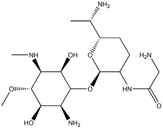4-アミノ-3-O-[6-アミノ-2-[(アミノアセチル)アミノ]-2,3,4,6,7-ペンタデオキシ-β-L-lyxo-ヘプトピラノシル]-1,4-ジデオキシ-6-O-メチル-1-(メチルアミノ)-L-chiro-イノシトール 化学構造式