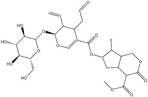 6-[[[3-ビニル-2-(β-D-グルコピラノシルオキシ)-3,4-ジヒドロ-4-(2-オキソエチル)-2H-ピラン-5-イル]カルボニル]オキシ]オクタヒドロ-7-メチル-3-オキソシクロペンタ[c]ピラン-4-カルボン酸メチル 化学構造式