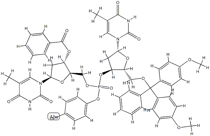 2'-O-benzoyl-P-(p-chlorophenyl)thymidylyl-(5'->3')-5'-O-(p,p'-dimethoxytrityl)thymidine Structure