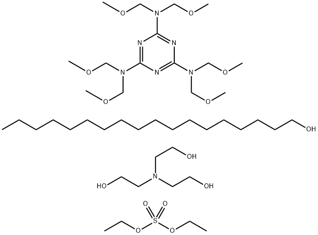 1-Octadecanol, reaction products with hexakis(methoxymethyl)melamine and triethanolamine, di-Et sulfate-quaternized Structure