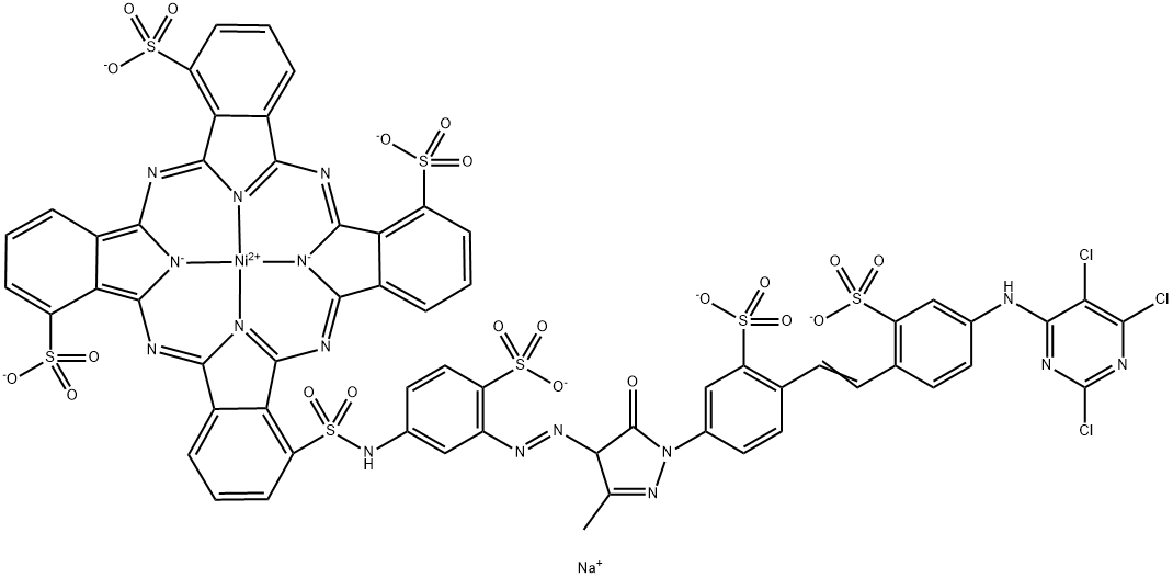 Nickelate(6-), [22-[[[3-[[4,5-dihydro-3-methyl-5-oxo-1-[3-sulfo-4-[2-[2-sulfo-4-[(2,5,6-trichloro-4-pyrimidinyl)amino]phenyl]ethenyl]phenyl]-1H-pyrazol-4-yl]azo]-4-sulfophenyl]amino]sulfonyl]-29H,31H-phthalocyanine-1,8,15-trisulfonato(8-)-N Struktur