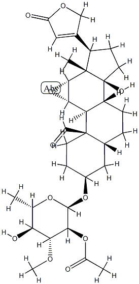 3β-[(2-O-Acetyl-6-deoxy-3-O-methyl-α-L-glucopyranosyl)oxy]-11α,12α-epoxy-14-hydroxy-5β-card-20(22)-enolide 结构式