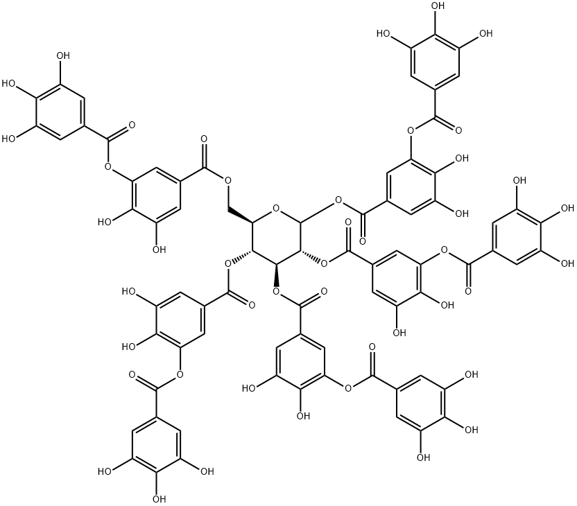 D-グルコピラノースペンタキス[3,4-ジヒドロキシ-5-[(3,4,5-トリヒドロキシベンゾイル)オキシ]ベンゾアート] 化学構造式