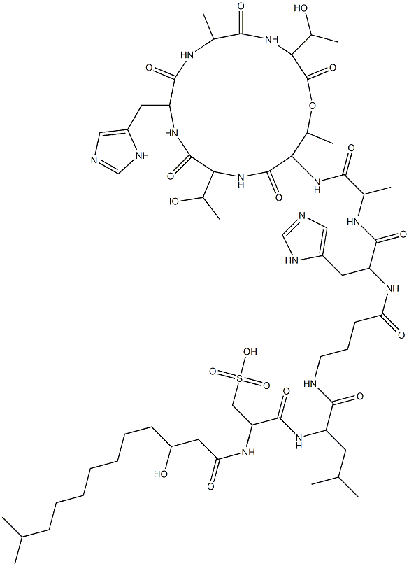 N-[[(R)-3-Hydroxy-11-methyl-1-oxododecyl]-L-cysteyl-L-Leu-(4-amino*butyryl)-L-His-L-Ala-]cyclo[L-aThr*-L-Thr-L-His-D-Ala-D-aThr-] Struktur