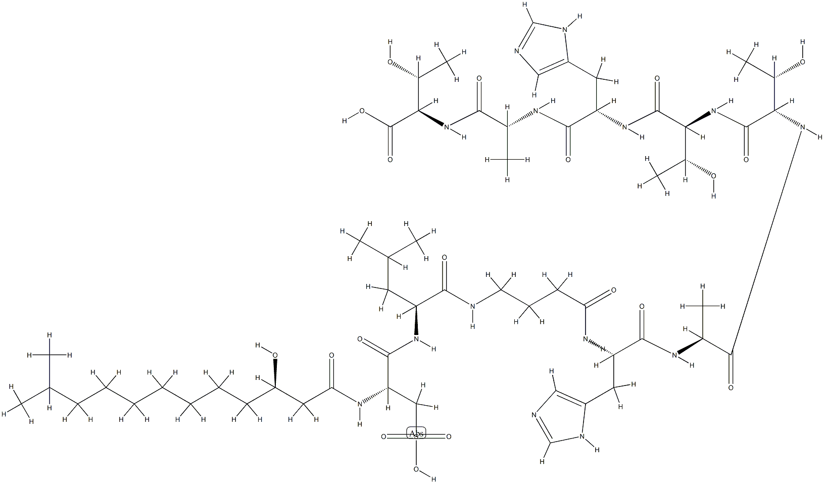 [(R)-3-Hydroxy-11-methyl-1-oxododecyl]-3-sulfo-L-Ala-L-Leu-(4-amino*butyryl)-L-His-L-Ala-L-aThr-L-Thr-L-His-D-Ala-D-aThr-OH 结构式