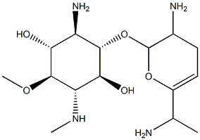 4-Amino-3-O-[3-amino-6-(1-aminoethyl)-3,4-dihydro-2H-pyran-2-yl]-1,4-dideoxy-6-O-methyl-1-(methylamino)-L-scyllo-inositol Structure