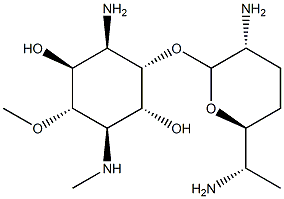 1-Amino-1,4-dideoxy-2-O-(2,6-diamino-2,3,4,6,7-pentadeoxy-β-L-lyxo-heptopyranosyl)-5-O-methyl-4-(methylamino)-D-myo-inositol Structure