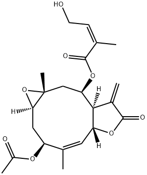 (Z)-4-ヒドロキシ-2-メチル-2-ブテン酸[(1aR,3S,4Z,5aR,8aR,9R,10aR)-3-アセトキシ-1a,2,3,5a,7,8,8a,9,10,10a-デカヒドロ-4,10a-ジメチル-8-メチレン-7-オキソオキシレノ[5,6]シクロデカ[1,2-b]フラン-9-イル] 化学構造式
