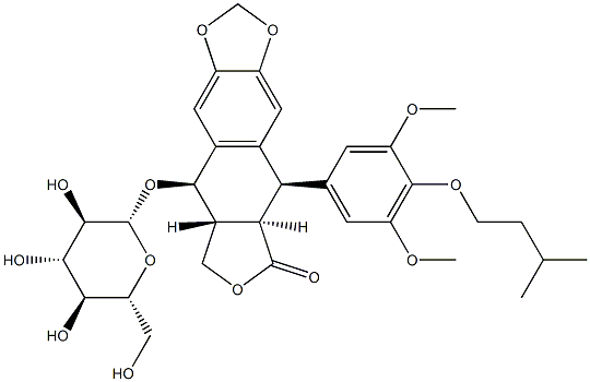 (5R,5aα)-5,8,8aβ,9-Tetrahydro-9β-(β-D-glucopyranosyloxy)-5β-[3,5-dimethoxy-4-(3-methylbutoxy)phenyl]furo[3',4':6,7]naphtho[2,3-d]-1,3-dioxol-6(5aH)-one Structure