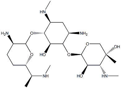 4-O-[2-Amino-6-methyl-6-(methylamino)-2,3,4,6-tetradeoxy-α-D-erythro-hexopyranosyl]-6-O-[4-C-methyl-3-(methylamino)-3-deoxy-β-L-arabino-pentopyranosyl]-N'-methyl-2-deoxy-D-streptamine Structure