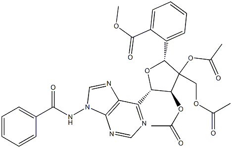 N-[6-[2-O,3-O-ジアセチル-3-C-[(アセチルオキシ)メチル]-5-O-ベンゾイル-β-D-キシロフラノシル]-9H-プリン-9-イル]ベンズアミド 化学構造式