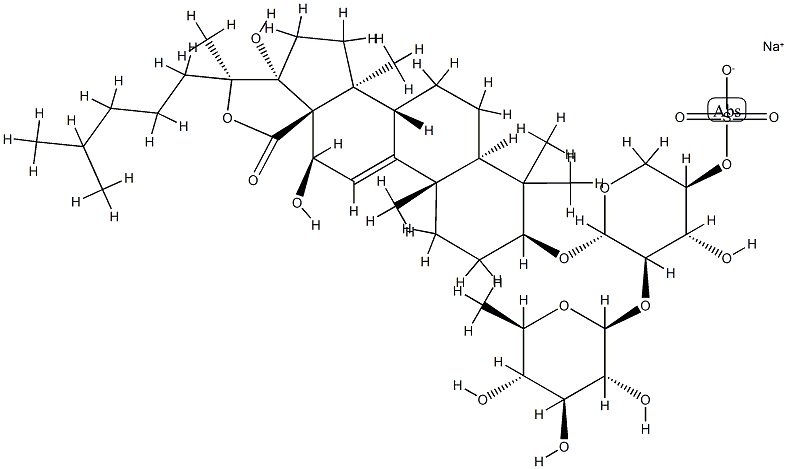 (20S)-12α,17α,20-トリヒドロキシ-3β-[[2-O-(6-デオキシ-β-D-グルコピラノシル)-4-O-(ソジオオキシスルホニル)-β-D-キシロピラノシル]オキシ]-5α-ラノスタ-9(11)-エン-18-酸18,20-ラクトン 化学構造式