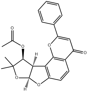 (-)-10β-(アセチルオキシ)-7aβ,9,10,10aβ-テトラヒドロ-9,9-ジメチル-2-フェニル-4H-フロ[3',2':4,5]フロ[2,3-h]-1-ベンゾピラン-4-オン 化学構造式