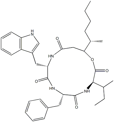 N-[N-[N-(3-Hydroxy-4-methyl-1-oxooctyl)-L-tryptophyl]-L-phenylalanyl]-D-alloisoleucine λ-lactone 结构式