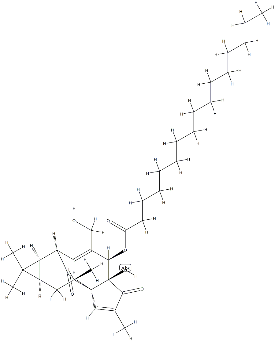 Palmitic acid (1aR)-1aα,2β,5,5a,6,9,10,10aα-octahydro-5aβ-hydroxy-4-hydroxymethyl-1,1,7,9α-tetramethyl-6,11-dioxo-1H-2α,8aα-methanocyclopenta[a]cyclopropa[e]cyclodecen-5β-yl ester Struktur