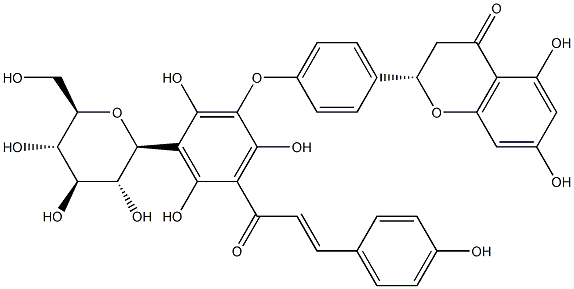 (2S)-2-[4-[3-β-D-グルコピラノシル-2,4,6-トリヒドロキシ-5-[(E)-3-(4-ヒドロキシフェニル)-1-オキソ-2-プロペニル]フェノキシ]フェニル]-2,3-ジヒドロ-5,7-ジヒドロキシ-4H-1-ベンゾピラン-4-オン 化学構造式