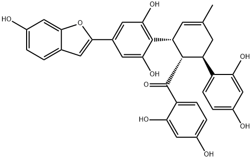 2-[(1R,5R,6S)-6-(2,4-ジヒドロキシベンゾイル)-5-(2,4-ジヒドロキシフェニル)-3-メチルシクロヘキサ-2-エン-1-イル]-5-(6-ヒドロキシ-1-ベンゾフラン-2-イル)ベンゼン-1,3-ジオール 化学構造式