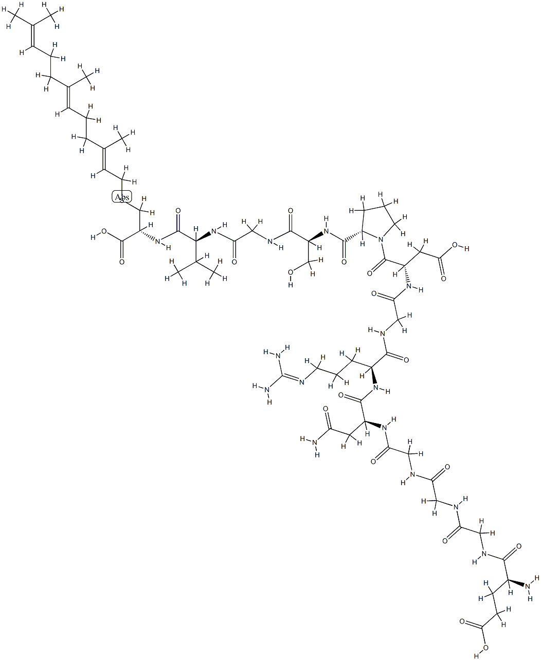 L-Glu-Gly-Gly-Gly-L-Asn-L-Arg-Gly-L-Asp-L-Pro-L-Ser-Gly-L-Val-S-[(2E,6E)-3,7,11-トリメチル-2,6,10-ドデカトリエン-1-イル]-L-Cys-OH 化学構造式