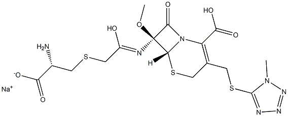 (6R,7S)-7-[2-[(S)-2-アミノ-2-カルボキシエチルチオ]アセチルアミノ]-7-メトキシ-3-[(1-メチル-1H-テトラゾール-5-イル)チオメチル]-8-オキソ-5-チア-1-アザビシクロ[4.2.0]オクタ-2-エン-2-カルボン酸2-ナトリウム 化学構造式