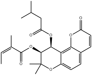 (9S)-2-オキソ-8,8-ジメチル-9,10-ジヒドロ-2H,8H-ベンゾ[1,2-b:3,4-b']ジピラン-9β,10β-ジオール9-[(Z)-2-メチル-2-ブテノアート]10-(3-メチルブタノアート) 化学構造式