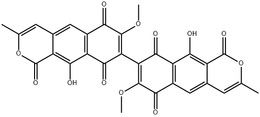 10,10'-Dihydroxy-7,7'-dimethoxy-3,3'-dimethyl-8,8'-bi[1H-naphtho[2,3-c]pyran]-1,1',6,6',9,9'-hexone Struktur
