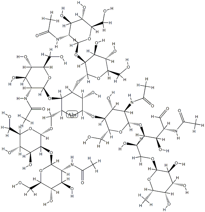 O-2-(乙酰氨基)-2-脱氧-BETA-D-吡喃葡萄糖基-(1-2)-O-ALPHA-D-甘露糖基-(1-3)-O-[O-2-(乙酰氨基)-2-脱氧-BETA-D-吡喃葡萄糖基-(1-2)-ALPHA-D-甘露糖基-(1-6)]-O-[2-(乙酰氨基)-2-脱氧-BETA-D-吡喃葡萄糖基-(1-4)]-O-BETA-D-甘露糖基-(1-4)-O-2-(乙酰氨基)-2-脱氧-BETA-D-吡喃葡萄糖基-(1-4)-O-[6-脱氧-ALPHA-L-吡喃半乳糖基-(1-6)]-2-(乙酰氨基)-2-脱氧-D-葡萄糖, 79726-49-1, 结构式