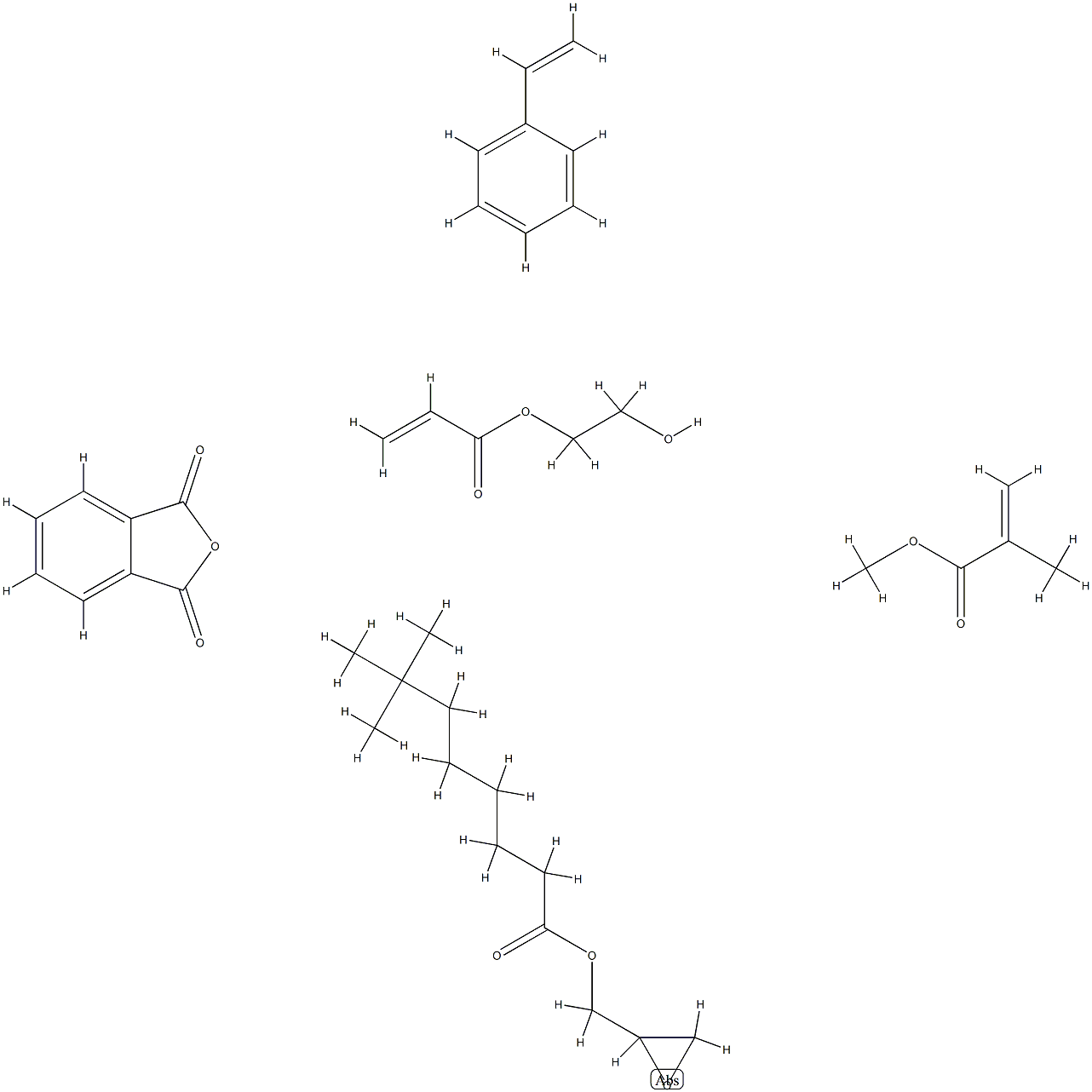 新癸酸(环氧乙烷基甲)酯与苯乙烯、丙烯酸(2-羟基乙)酯、1,3-异苯并呋喃二酮和2-甲基丙烯酸甲酯的聚合物, 80010-53-3, 结构式