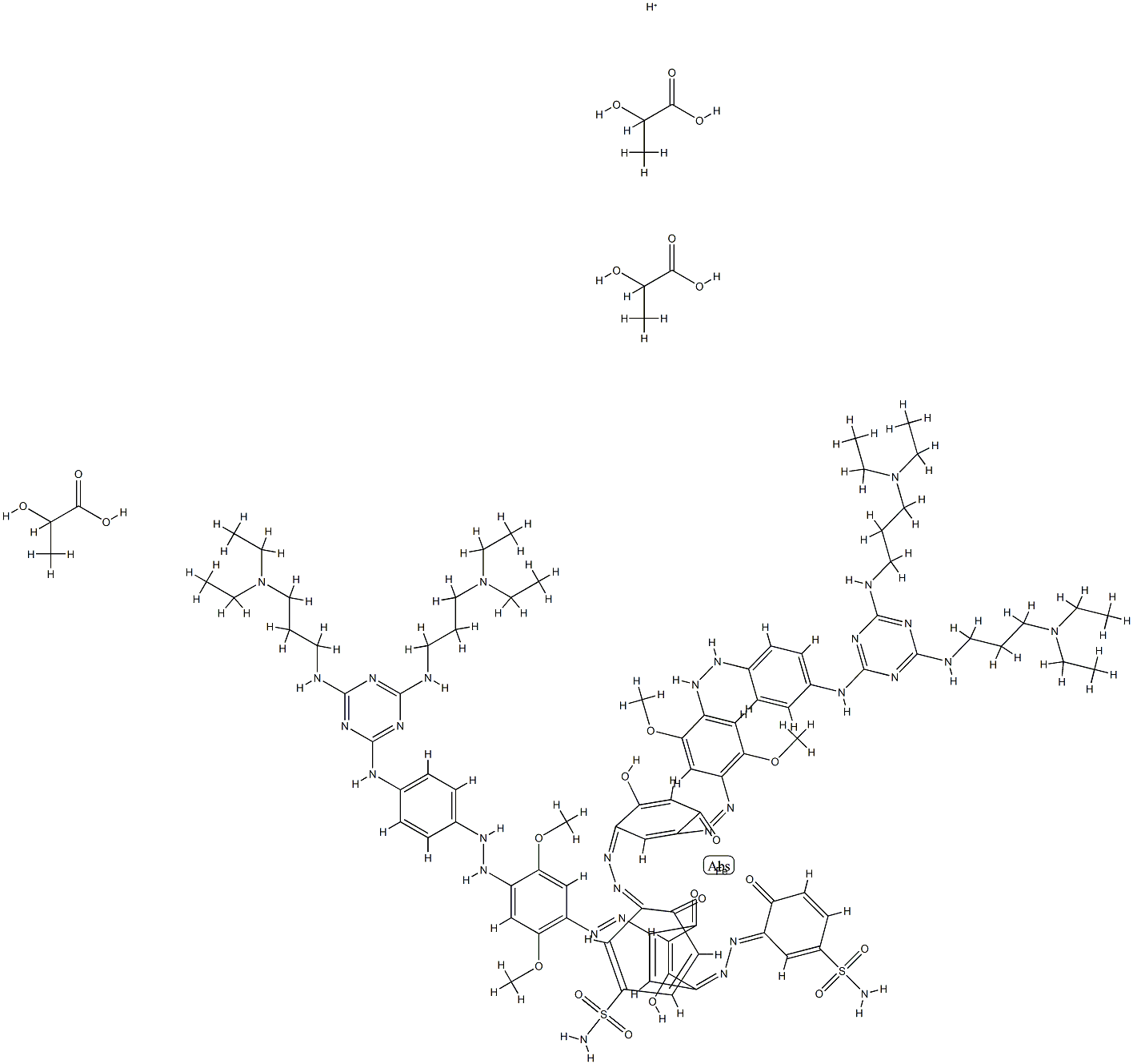 Ferrate(1-), bis[3-[[5-[[4-[[4-[[4,6-bis[[3-(diethylamino)propyl]amino]-1,3,5-triazin-2-yl]amino]phenyl]azo]-2,5-dimethoxyphenyl]azo]-2,4-dihydroxyphenyl]azo]-4-hydroxybenzenesulfonamidato(2-)]-, hydrogen, tris(2-hydroxypropanoate) (salt) Struktur