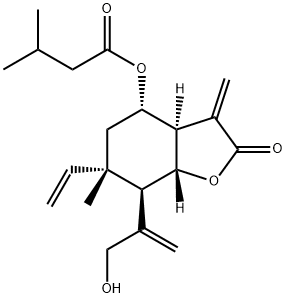 3-メチルブタン酸(3aR,7aα)-オクタヒドロ-6β-ビニル-7α-[1-(ヒドロキシメチル)ビニル]-6-メチル-3-メチレン-2-オキソベンゾフラン-4β-イル 化学構造式