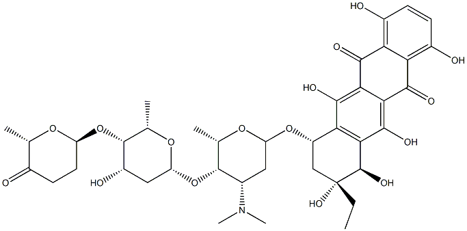 (7R)-8-エチル-7,8,9,10-テトラヒドロ-1,4,6,7β,8α,11-ヘキサヒドロキシ-10α-[[2,3,6-トリデオキシ-4-O-[2,6-ジデオキシ-4-O-[(2R,6S)-テトラヒドロ-6-メチル-5-オキソ-2H-ピラン-2β-イル]-α-L-lyxo-ヘキソピラノシル]-3-(ジメチルアミノ)-α-L-lyxo-ヘキソピラノシル]オキシ]-5,12-ナフタセンジオン 化学構造式