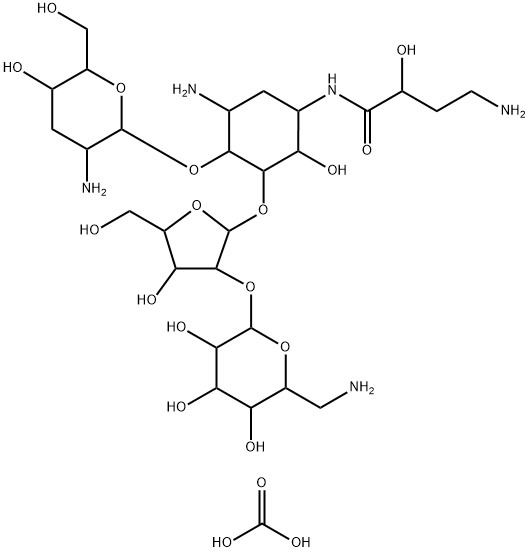 5-(O-(2-O-(6-amino-6-deoxy-beta-idopyranosyl)-beta-ribofuranosyl)-1-N-4-amino-2-hydroxybutanoyl)-3'-deoxyparomamine Structure