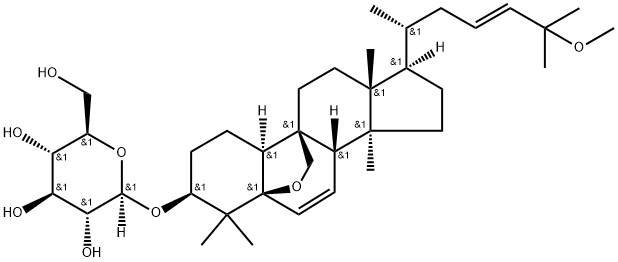 (23E)-5,19-エポキシ-3β-β-D-グルコピラノシルオキシ-25-メトキシ-5β-ククルビタ-6,23-ジエン 化学構造式