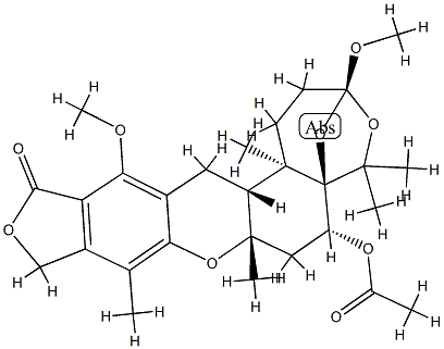 (3S)-6α-アセチルオキシ-1,2,3,6,7,7a,10,14,14aβ,14b-デカヒドロ-3,13-ジメトキシ-5,5,7aβ,9,14bα-ペンタメチル-12H-3β,5aβ-エポキシ-5H-フロ[3,4-i]オキセピノ[4,3-a]キサンテン-12-オン 化学構造式