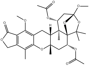 (1R)-1α,6α-Bis(acetyloxy)-1,2,3,6,7,7a,10,14,14aβ,14b-decahydro-3,13-dimethoxy-5,5,7aβ,9,14bα-pentamethyl-12H-3β,5aβ-epoxy-5H-furo[3,4-i]oxepino[4,3-a]xanthen-12-one 结构式