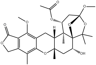 (1R)-1α-アセチルオキシ-1,2,3,6,7,7a,10,14,14aβ,14b-デカヒドロ-6α-ヒドロキシ-3,13-ジメトキシ-5,5,7aβ,9,14bα-ペンタメチル-12H-3β,5aβ-エポキシ-5H-フロ[3,4-i]オキセピノ[4,3-a]キサンテン-12-オン 化学構造式