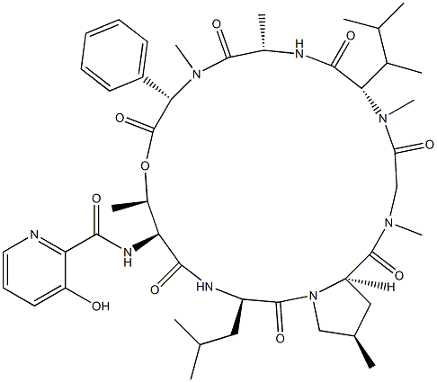 N-(3-Hydroxy-2-pyridinylcarbonyl)-cyclo[L-Thr*-D-Leu-[(4R)-4-methyl-D-Pro-]Sar-N-methyl-2-(1,2-dimethylpropyl)-L-Gly-L-Ala-N-methyl-L-phenyl Gly-] 结构式