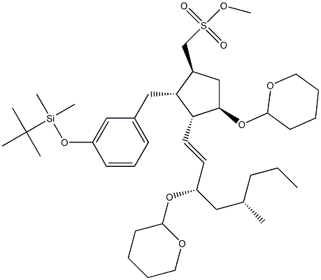 CyclopentaneMethanol, 2-[[3-[[(1,1-diMethylethyl)diMethylsilyl]oxy]phenyl]Methyl]-4-[(tetrahydro-2 H-pyran-2-yl)oxy]-3-[3-[(tetrahydro-2H-pyran-2-yl)oxy]-1-octenyl]-, Methanesulfonate, [1S-[1a,2a,3b(1E,3R*),4a]]- Structure