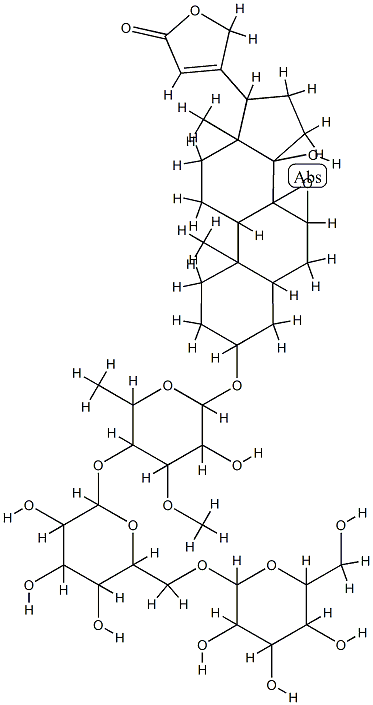 Card-20(22)-enolide, 7,8-epoxy-3-((O-beta-D-glucopyranosyl-(1->6)-O-beta-D-glucopyranosyl-(1->4)-6-deoxy-3-O-methyl-alpha-L-glucopyranosyl)oxy)-14-hydroxy-, (3beta,5beta,7beta)- Structure