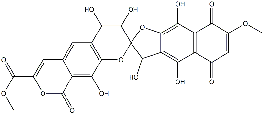 4,5',8',9-テトラヒドロ-3,3',4,4',9',10-ヘキサヒドロキシ-7'-メトキシ-5',8',9-トリオキソスピロ[ベンゾ[1,2-b:5,4-c']ジピラン-2(3H),2'(3'H)-ナフト[2,3-b]フラン]-7-カルボン酸メチル 化学構造式