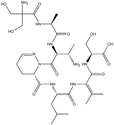 2-[[[(6S)-1-[(3S)-N-(2-Hydroxymethyl Ser-L-Ala-)-3-amino-L-Abu-]-1,4,5,6-tetrahydropyridazin-6-yl]carbonyl-L-Leu-]amino]-3-methyl-2-butenoyl-L-Ser-OH Structure
