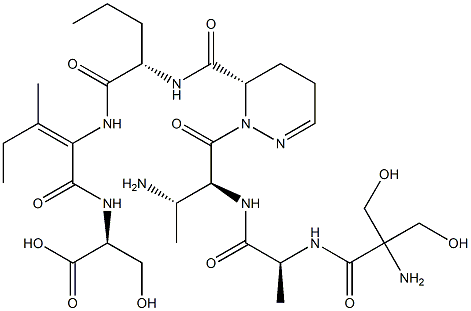 [2-[[[(6S)-1-[(3S)-N-(2-ヒドロキシメチルSer-L-Ala-)-3-アミノ-L-Abu-]-1,4,5,6-テトラヒドロピリダジン-6-イル]カルボニル-L-Nva-]アミノ]-3-メチル-2-ペンテノイル]-L-Ser-OH 化学構造式