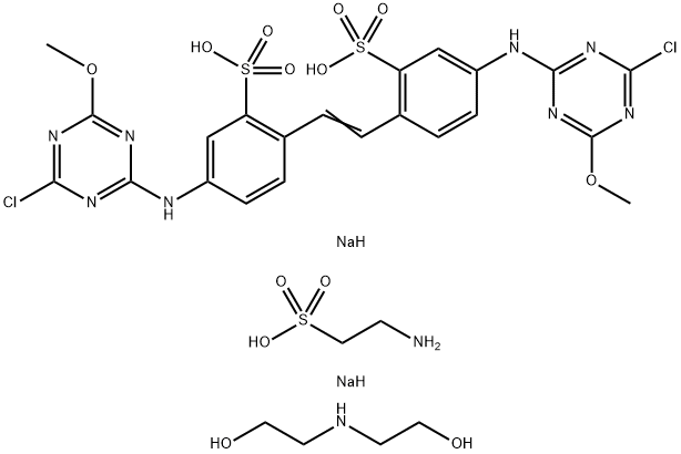 2,2’-(1,2-乙二基)双[5-(4-氯-6-甲氧基-1,3,5-三嗪-2-基)氨基]苯磺酸钠盐与2-氨基乙烷磺酸单钠和(二羟乙基)胺的反应产物,82640-05-9,结构式