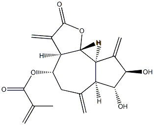 2-メチルアクリル酸[(3aR,6aβ,9aβ,9bα)-ドデカヒドロ-7β,8α-ジヒドロキシ-3,6,9-トリス(メチレン)-2-オキソアズレノ[4,5-b]フラン]-4β-イル 化学構造式