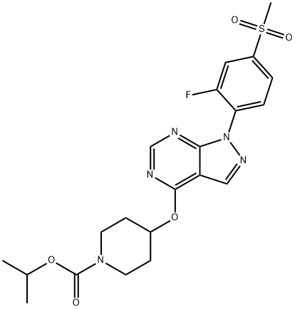 4-[1-(2-フルオロ-4-メシルフェニル)-1H-ピラゾロ[3,4-d]ピリミジン-4-イルオキシ]ピペリジン-1-カルボン酸イソプロピル 化学構造式