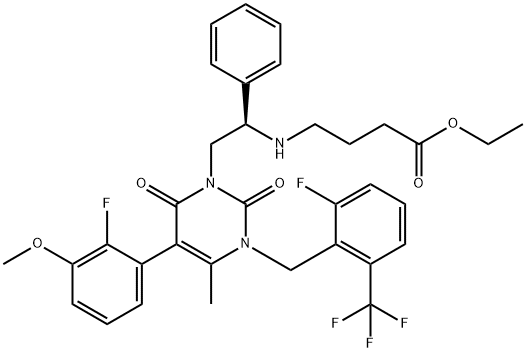 4-[[(1R)-2-[5-(2-fluoro-3-methoxyphenyl)-3-[[2-fluoro-6-(trifluoromethyl)phenyl]methyl]-3,6-dihydro-4-methyl-2,6-dioxo-1(2H)-pyrimidinyl]-1-phenylethyl]amino]-, ethyl ester Structure